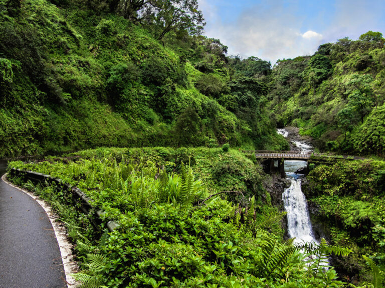 Road to Hana:  The Hana Highway turns to cross a one lane bridge